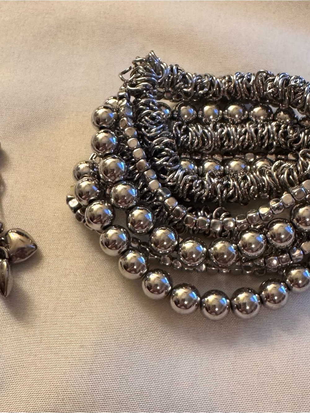 Layered Silver-Bead Women's Bracelet and Heart Dangle Earrings